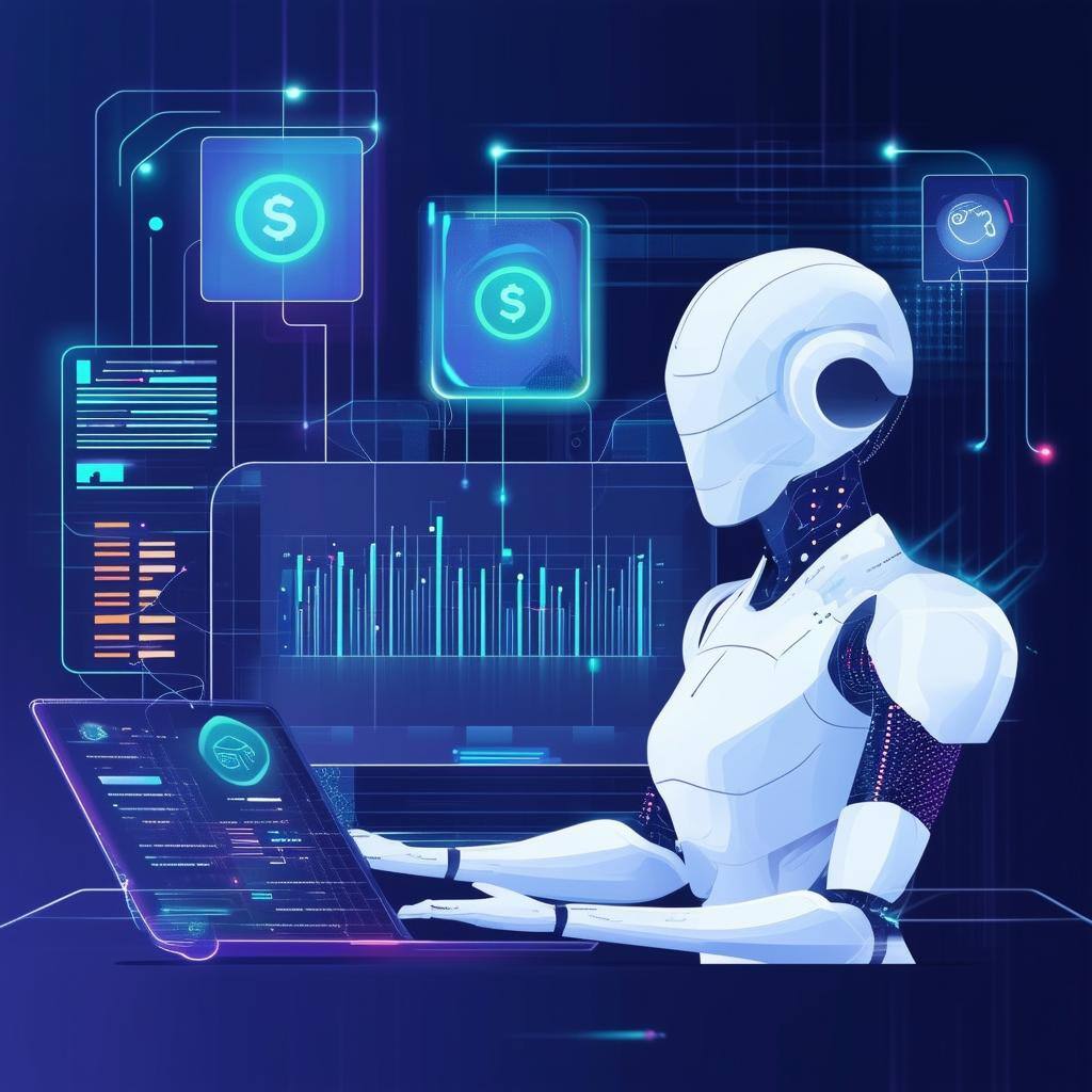 An image of a futuristic banking system powered by AI agents analyzing customer behavior in realtime to provide personalized services and enhance deci